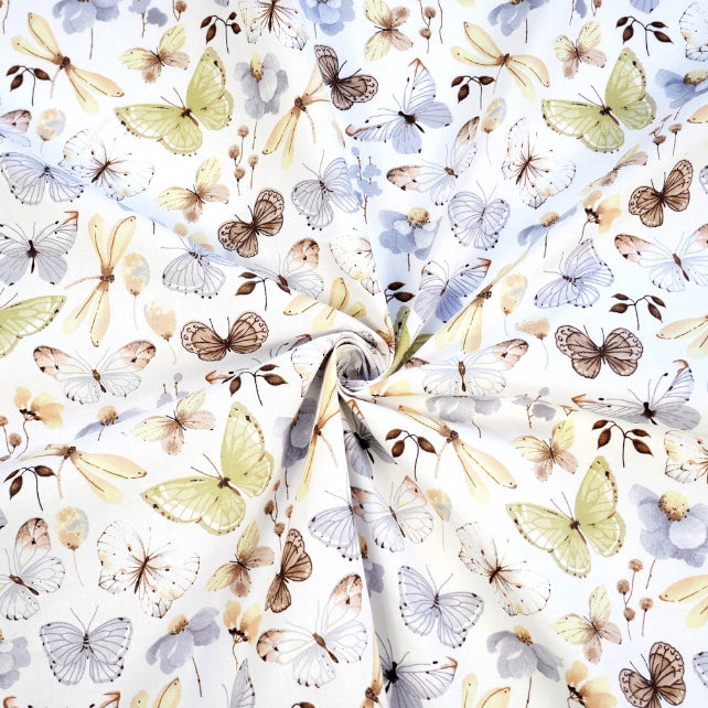 Tissu Coton Papillons Libellule Vert Gris | Laize 1m60
