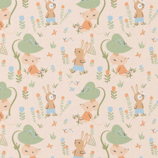 Tissu Coton Souris Soury Bleu Orange | Laize 1m50