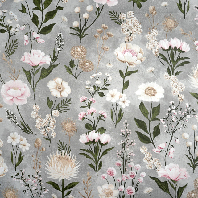 Tissu Coton Jardin Fleuri Fond Gris | Laize 1m55