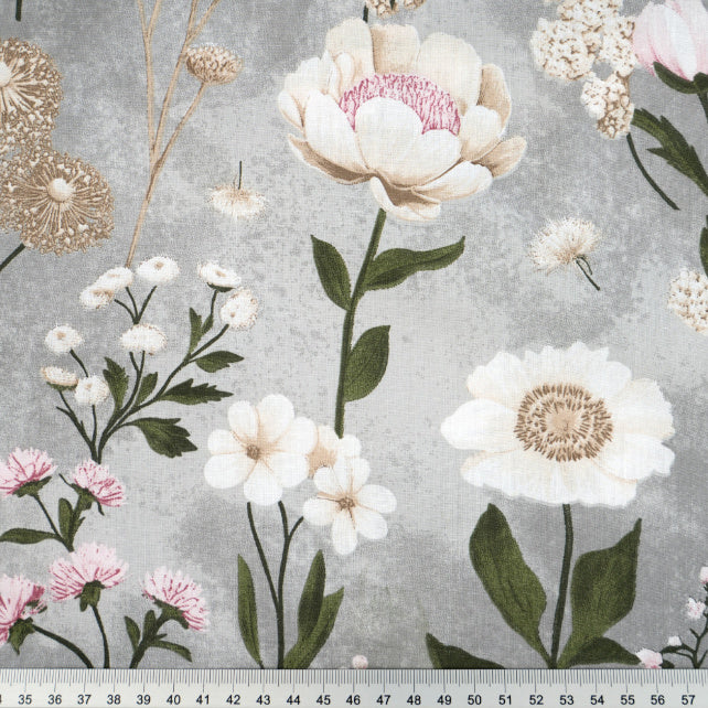 Tissu Coton Jardin Fleuri Fond Gris | Laize 1m55