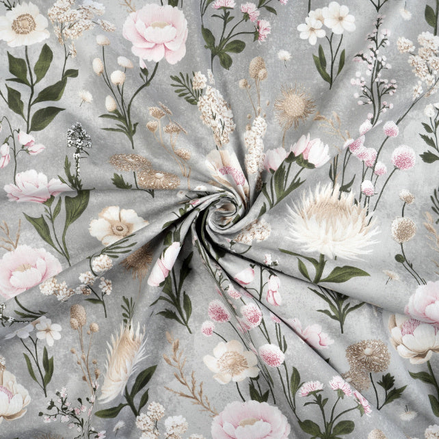 Tissu Coton Jardin Fleuri Fond Gris | Laize 1m55