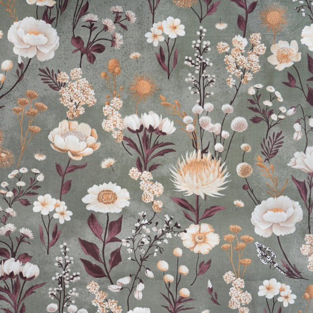 Tissu Coton Jardin Fleuri Fond Vert Sauge | Laize 1m55