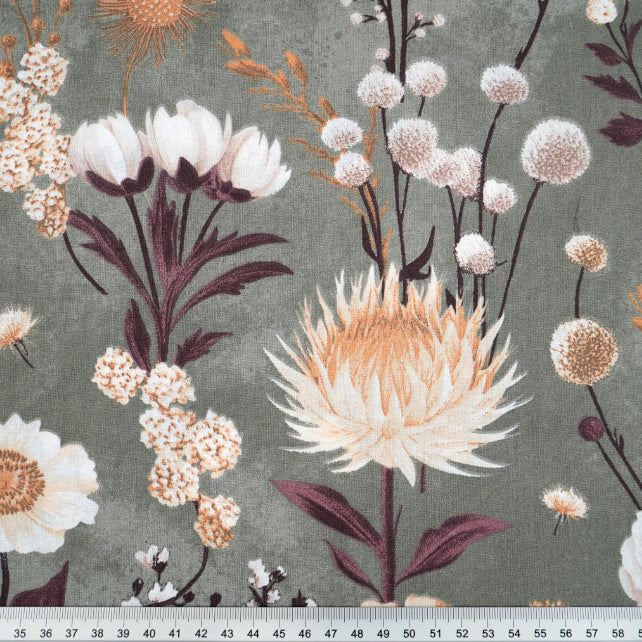 Tissu Coton Jardin Fleuri Fond Vert Sauge | Laize 1m55