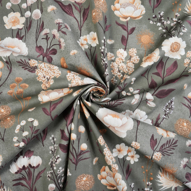 Tissu Coton Jardin Fleuri Fond Vert Sauge | Laize 1m55