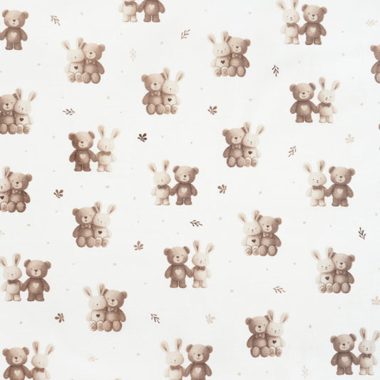 Tissu Coton Lapin Et Teddy Beige Fond Blanc | Laize 1m55