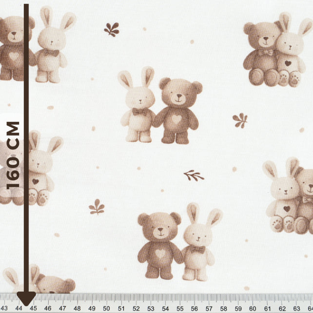 Tissu Coton Lapin Et Teddy Beige Fond Blanc | Laize 1m55