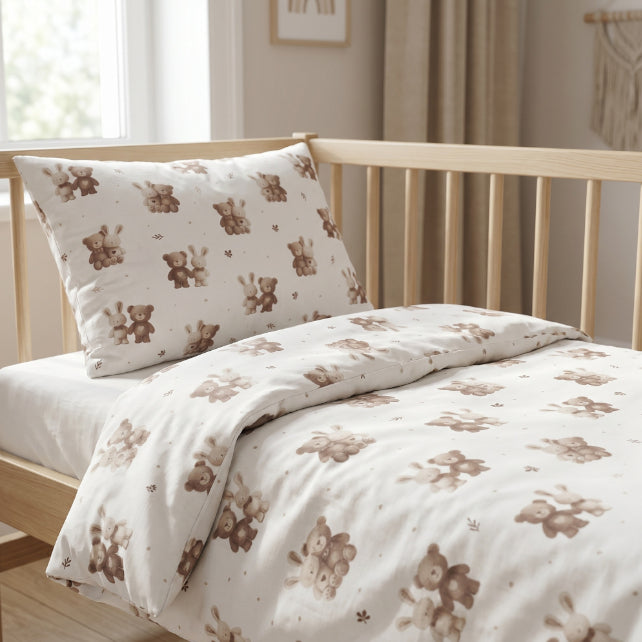 Tissu Coton Lapin Et Teddy Beige Fond Blanc | Laize 1m55