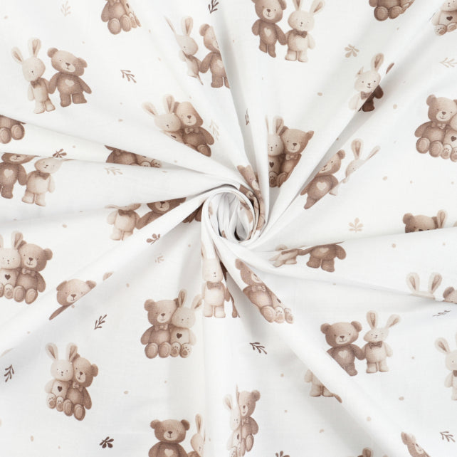 Tissu Coton Lapin Et Teddy Beige Fond Blanc | Laize 1m55