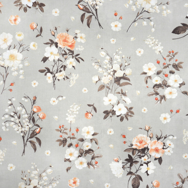Tissu Coton Lily Roses Sauvages Fond Gris | Laize 1m55
