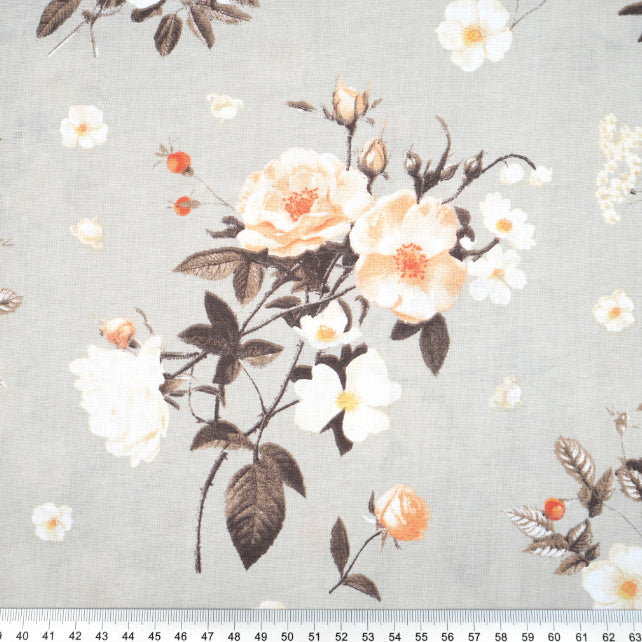 Tissu Coton Lily Roses Sauvages Fond Gris | Laize 1m55