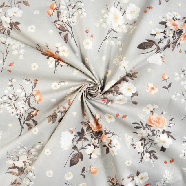 Tissu Coton Lily Roses Sauvages Fond Gris | Laize 1m55