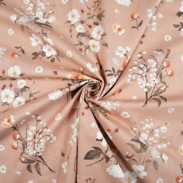Tissu Coton Lily Roses Sauvages Fond Saumon | Laize 1m55