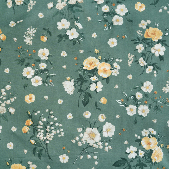 Tissu Coton Lily Roses Sauvages Fond Vert Sauge | Laize 1m55