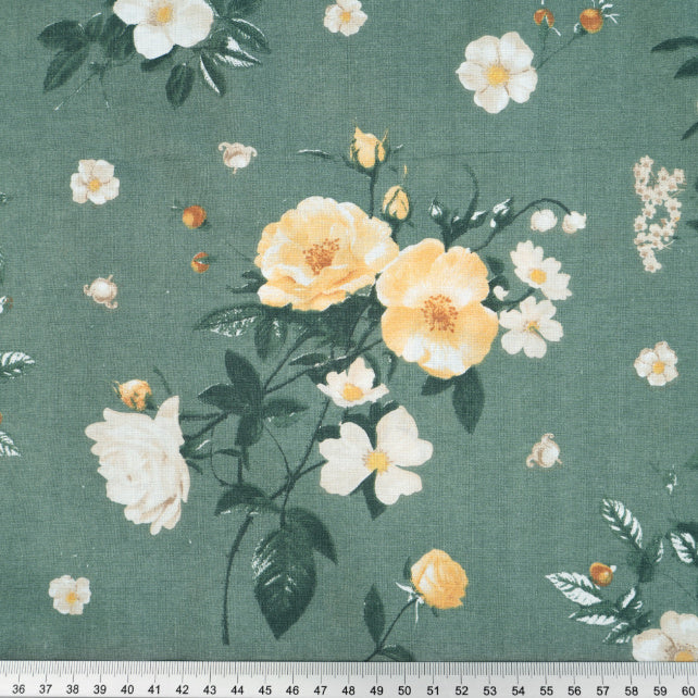 Tissu Coton Lily Roses Sauvages Fond Vert Sauge | Laize 1m55