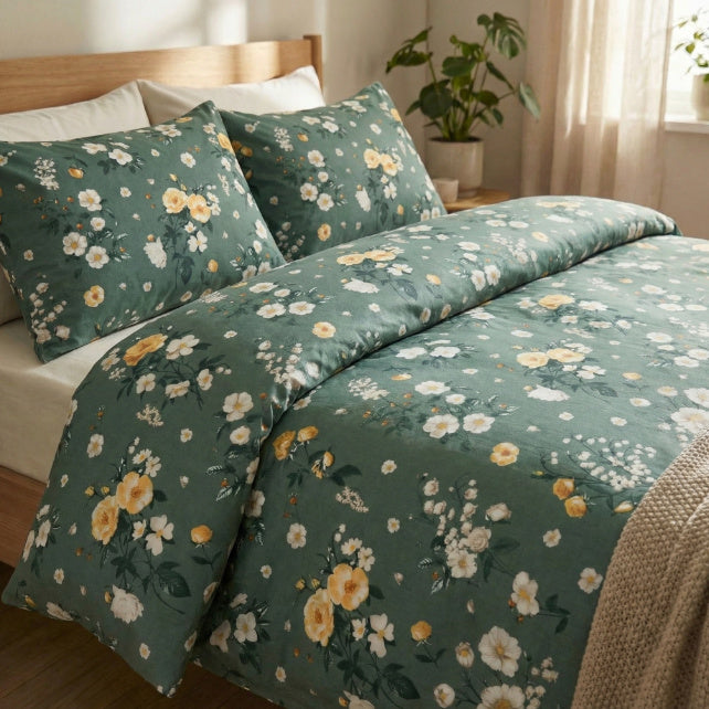 Tissu Coton Lily Roses Sauvages Fond Vert Sauge | Laize 1m55