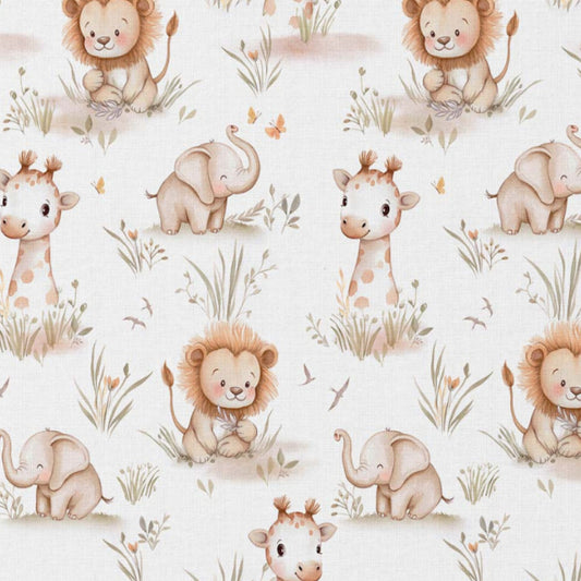 Tissu Coton Numérique Melte Lion Girafe Fond Blanc | Laize 1m50