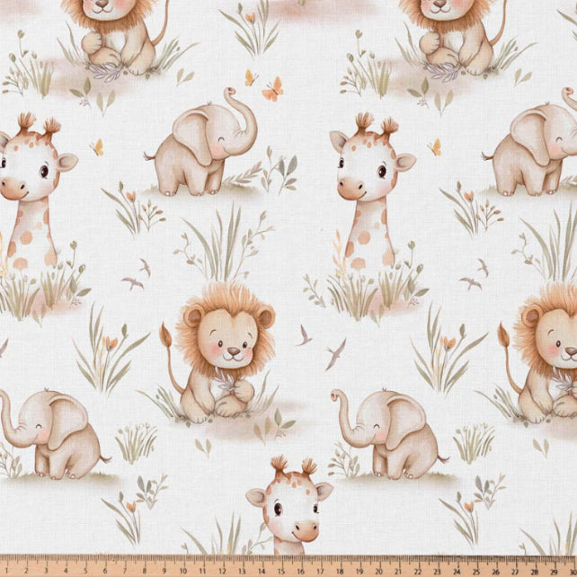 Tissu Coton Numérique Melte Lion Girafe Fond Blanc | Laize 1m50