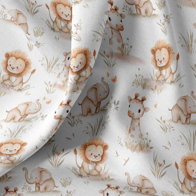 Tissu Coton Numérique Melte Lion Girafe Fond Blanc | Laize 1m50