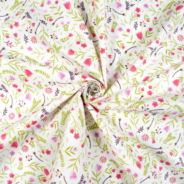 Tissu Coton Fleurs Tulipes Fond Blanc | Laize 1m55