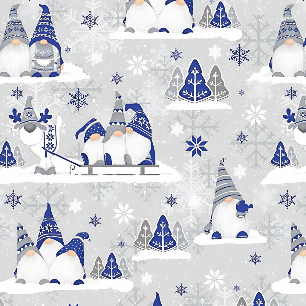 Tissu Coton Noël Gnomes Trio Bleus Fond Gris | Laize 1m60