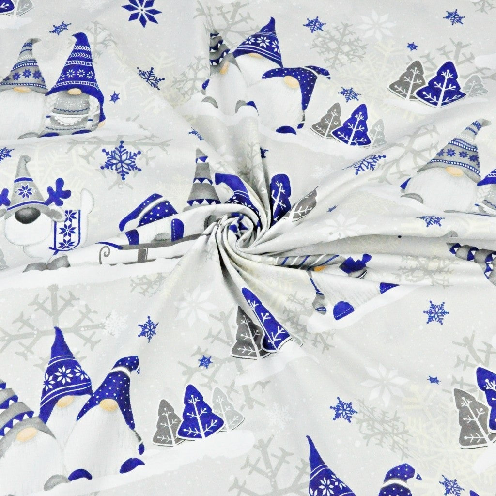 Tissu Coton Noël Gnomes Trio Bleus Fond Gris | Laize 1m60