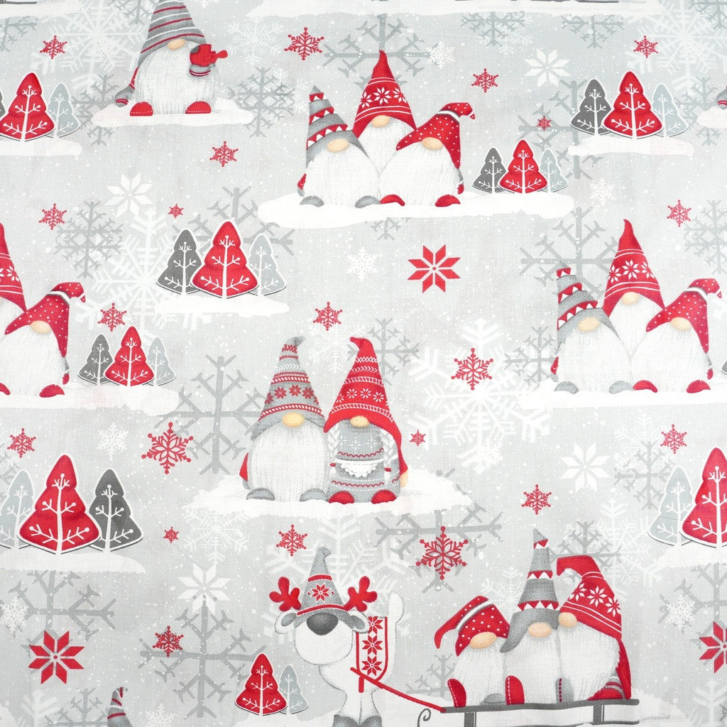Tissu Coton Noël Gnomes Trio Rouges Fond Gris | Laize 1m60