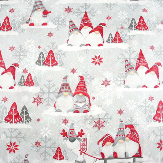Tissu Coton Noël Gnomes Trio Rouges Fond Gris | Laize 1m60