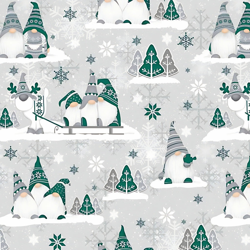 Tissu Coton Noël Gnomes Trio Verts Fond Gris | Laize 1m60
