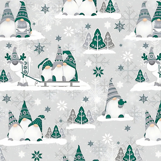 Tissu Coton Noël Gnomes Trio Verts Fond Gris | Laize 1m60