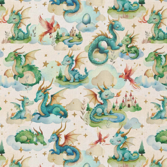 Tissu Coton Numérique Dragon Pendr Vert Fond Lin | Laize 1m50