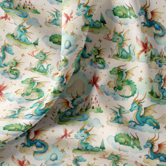 Tissu Coton Numérique Dragon Pendr Vert Fond Lin | Laize 1m50
