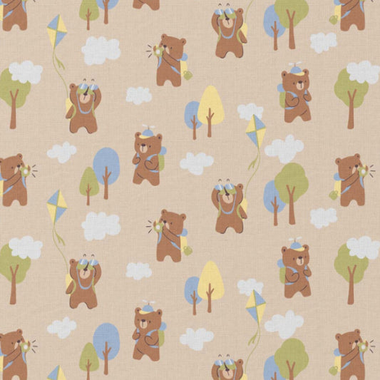 Tissu Coton Ourson Miro Fond Brun | Laize 1m50