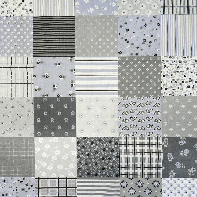 Tissu Coton Patchwork Fleurs Gris Bleu | Laize 1m55