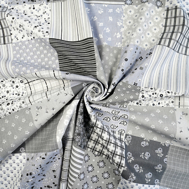 Tissu Coton Patchwork Fleurs Gris Bleu | Laize 1m55