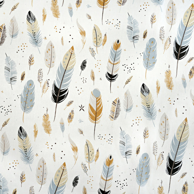 Tissu Coton Grandes Plumes Beiges Grises Fond Ecru | Laize 1m55