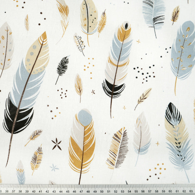 Tissu Coton Grandes Plumes Beiges Grises Fond Blanc | Laize 1m55