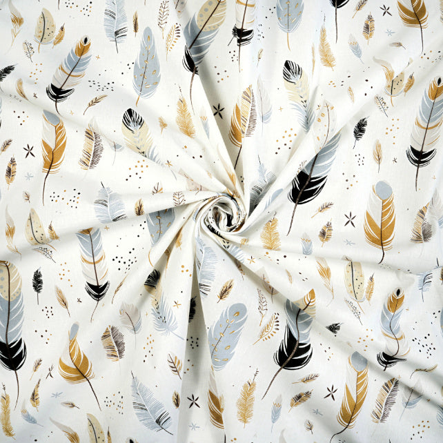 Tissu Coton Grandes Plumes Beiges Grises Fond Blanc | Laize 1m55