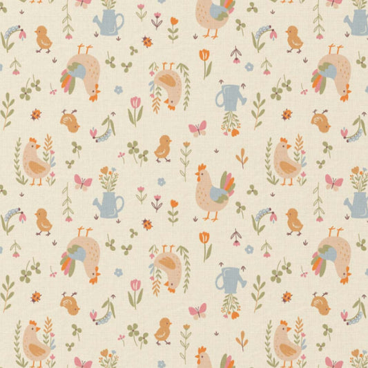 Tissu Coton Poule Cocot Orange Fond Ecru | Laize 1m50