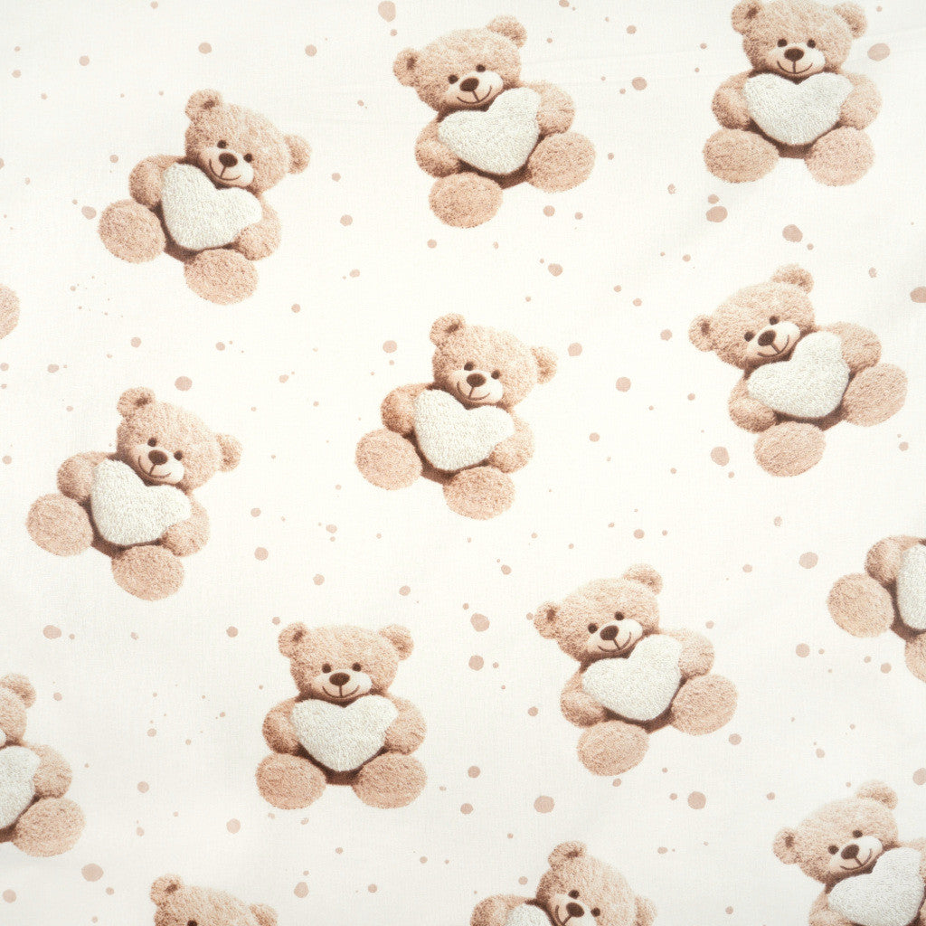Tissu Coton Ourson Teddy Cœur Ecru | Laize 1m55