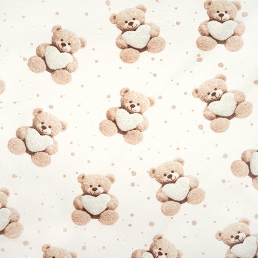 Tissu Coton Ourson Teddy Cœur Ecru | Laize 1m55