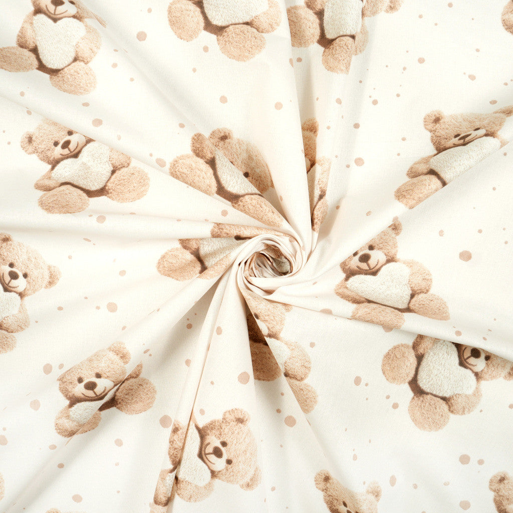 Tissu Coton Ourson Teddy Cœur Ecru | Laize 1m55