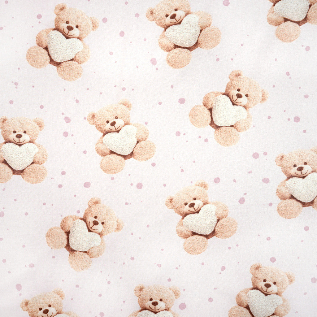 Tissu Coton Ourson Teddy Cœur Rose Pâle | Laize 1m55