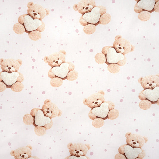 Tissu Coton Ourson Teddy Cœur Rose Pâle | Laize 1m55