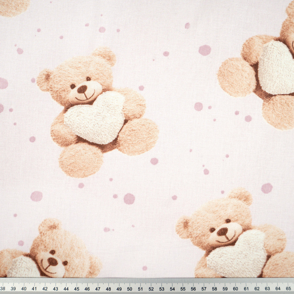 Tissu Coton Ourson Teddy Cœur Rose Pâle | Laize 1m55