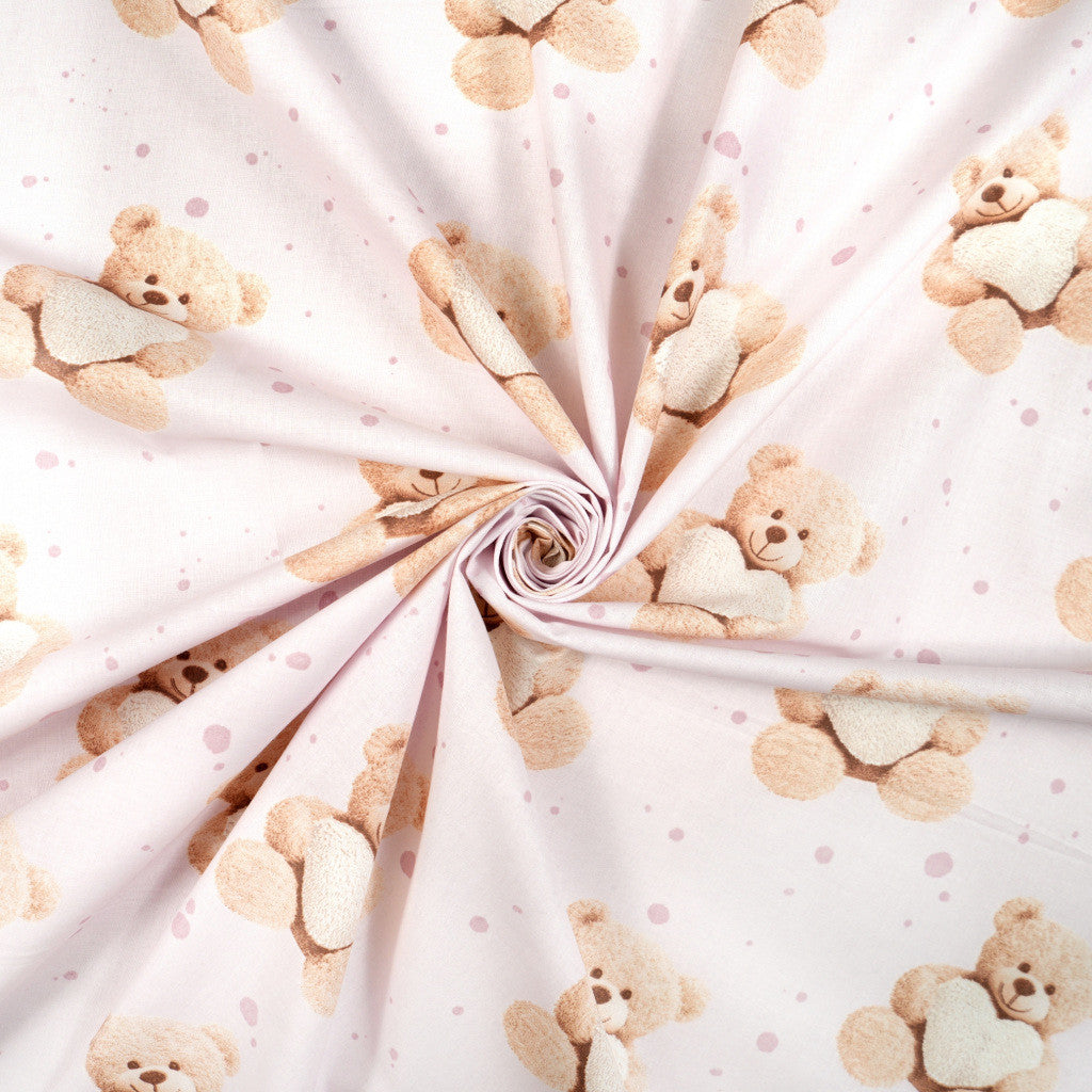 Tissu Coton Ourson Teddy Cœur Rose Pâle | Laize 1m55