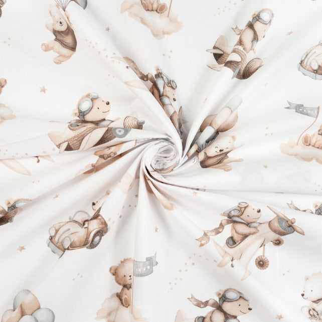 Tissu Coton Teddy Pilote Brun Fond Blanc | Laize 1m55