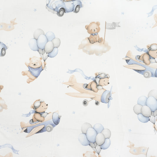 Tissu Coton Teddy Pilote Bleu Beige Fond Blanc | Laize 1m55