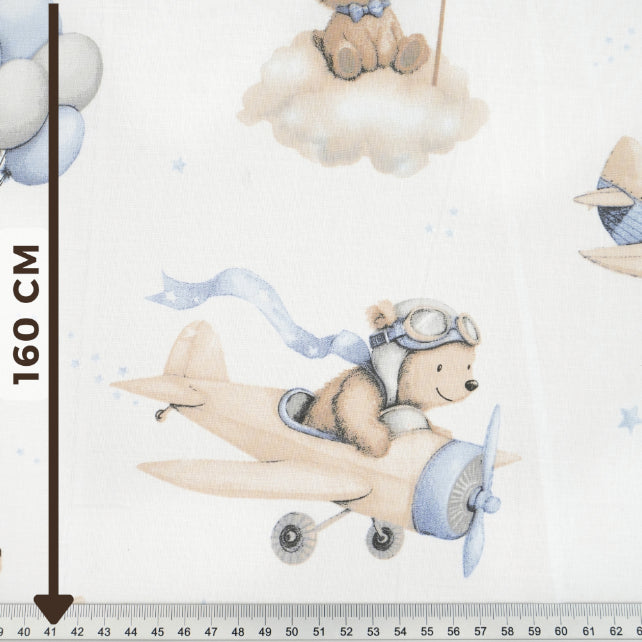 Tissu Coton Teddy Pilote Bleu Beige Fond Blanc | Laize 1m55