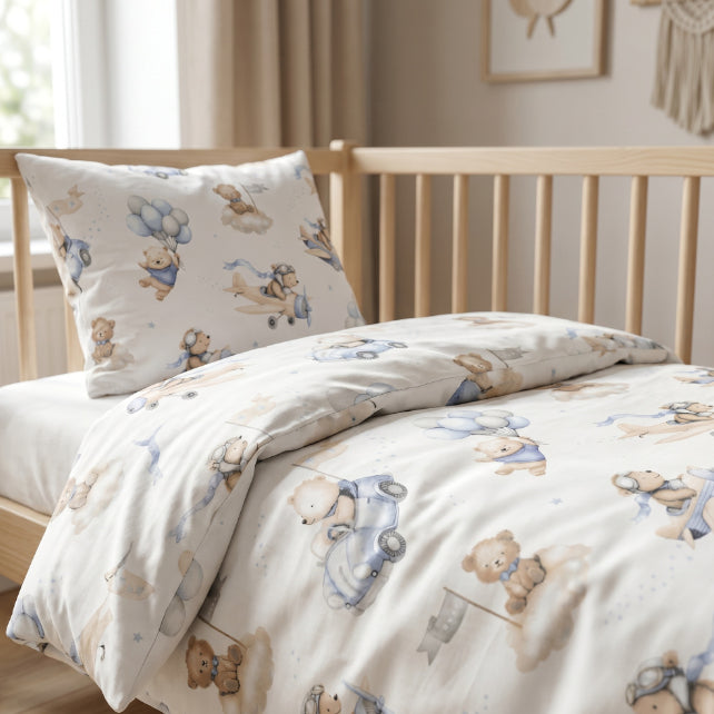 Tissu Coton Teddy Pilote Bleu Beige Fond Blanc | Laize 1m55