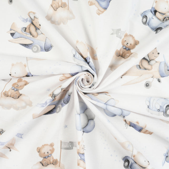 Tissu Coton Teddy Pilote Bleu Beige Fond Blanc | Laize 1m55